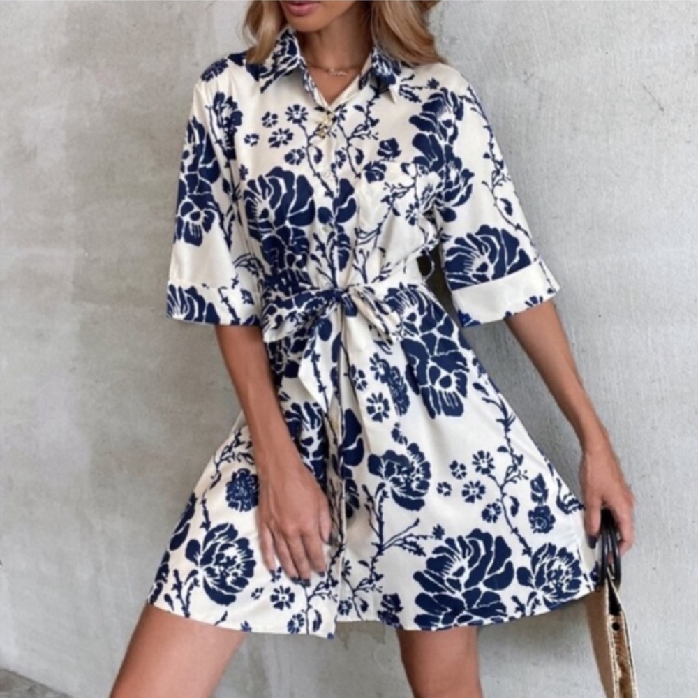 Zara Floral Print Lory Mini Dress 100% Cotton Tied Belt Ecru + Navy